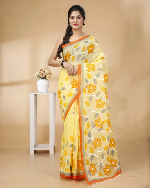 Nakshipar's Multicolour handpainted floral design Cotton saree