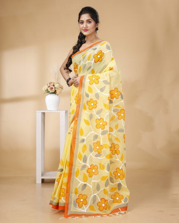 Nakshipar's Multicolour handpainted floral design Cotton saree