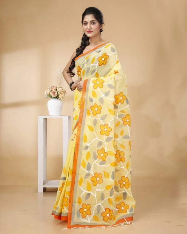 Nakshipar's Multicolour handpainted floral design Cotton saree