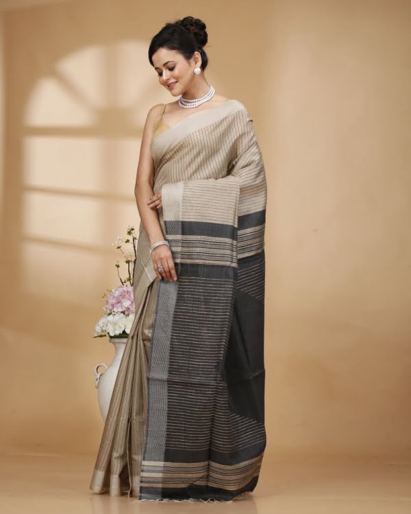 Black Weaved Stripes on Baige Colour Bhagalpur Tussar Saree with Black Designer Pallu