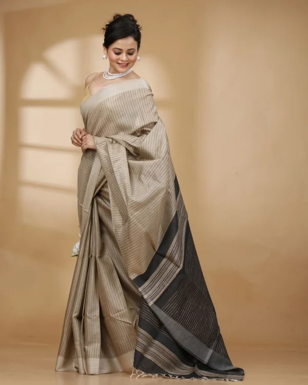 Black Weaved Stripes on Baige Colour Bhagalpur Tussar Saree with Black Designer Pallu