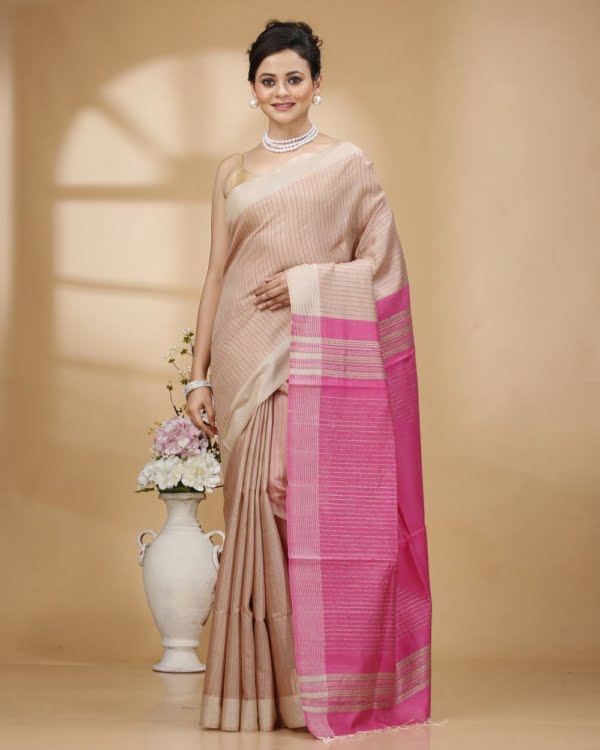 Pink Weaved Stripes on Baige Colour Saree with Pink Designer Pallu