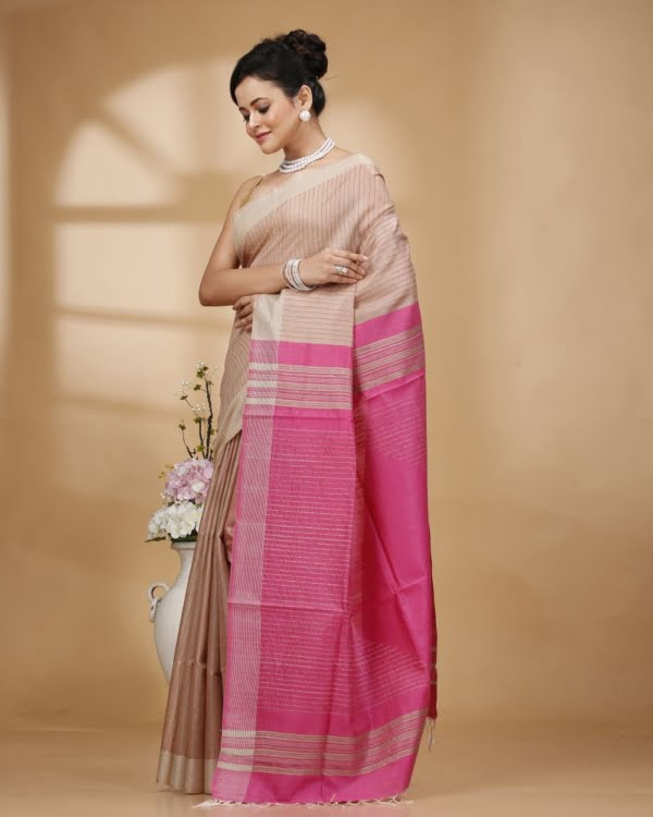 Pink Weaved Stripes on Baige Colour Saree with Pink Designer Pallu