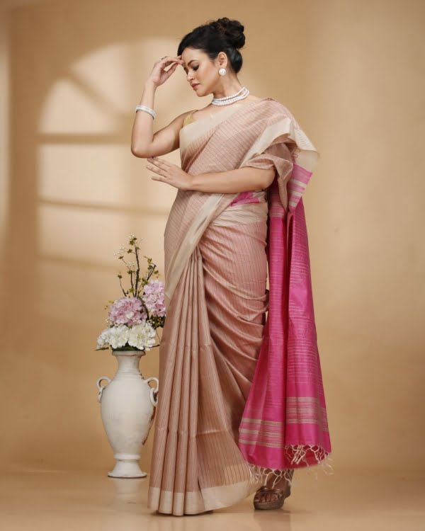 Pink Weaved Stripes on Baige Colour Saree with Pink Designer Pallu