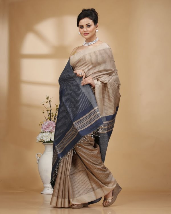 Blue Weaved Stripes on Baige Colour Saree with Blue Designer Pallu