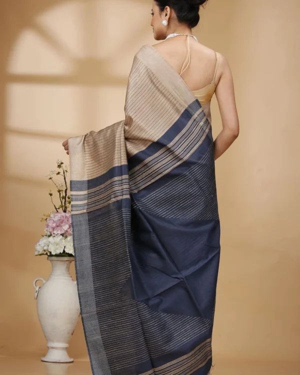 Blue Weaved Stripes on Baige Colour Saree with Blue Designer Pallu