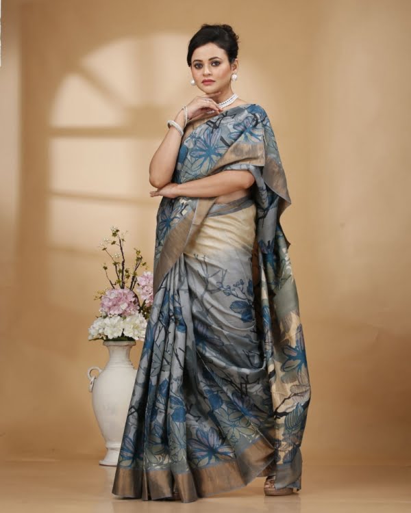 Floral Pagely Design Tussar Saree with Blue, Gray and Black