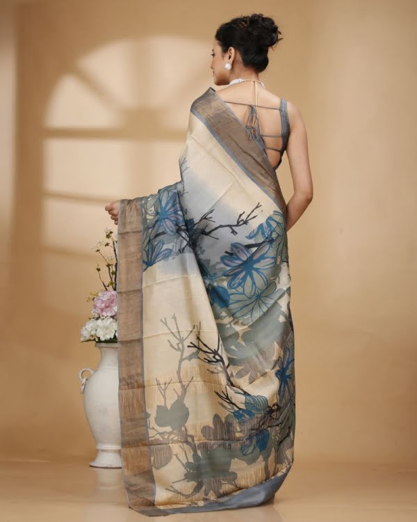 Floral Pagely Design Tussar Saree with Blue, Gray and Black