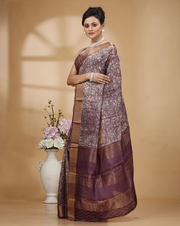 Nakshipar Abstract Design Saree with Off White and Purple Color