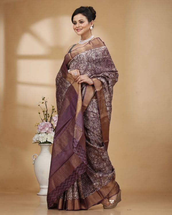 Nakshipar Abstract Design Saree with Off White and Purple Color