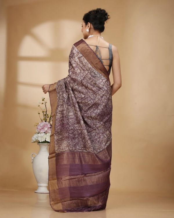 Nakshipar Abstract Design Saree with Off White and Purple Color