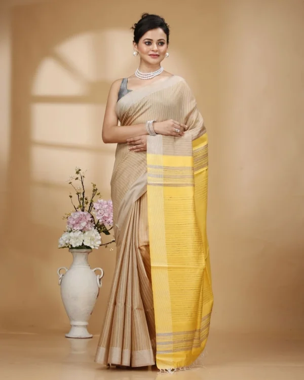 Yellow Weaved Stripes on Baige colour Saree with Yellow Designer Pallu