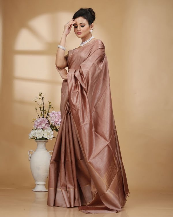 Self Check On Light Brown Base with Zari Border Saree