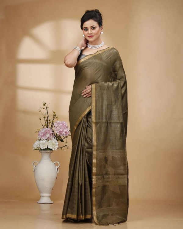 Zari Border Mosh Green Munga Silk with Kantha Stripes Saree