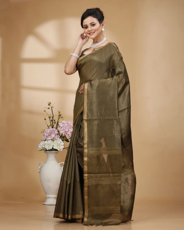 Zari Border Mosh Green Munga Silk with Kantha Stripes Saree