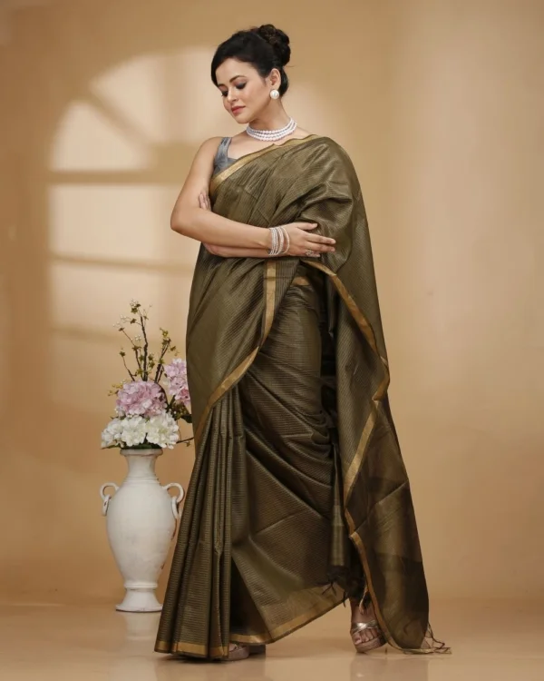 Zari Border Mosh Green Munga Silk with Kantha Stripes Saree