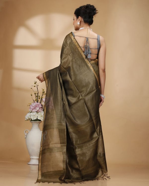 Zari Border Mosh Green Munga Silk with Kantha Stripes Saree