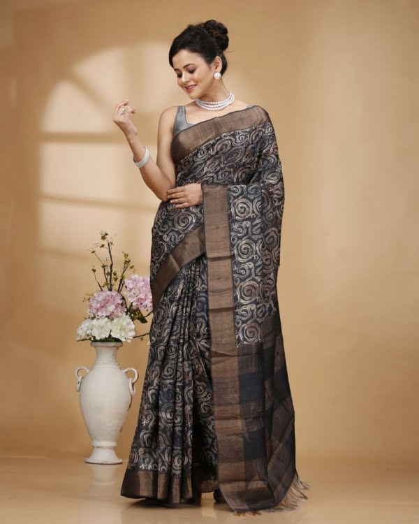 Nakshipar Abstract Design with Off White and Black Tussar Saree