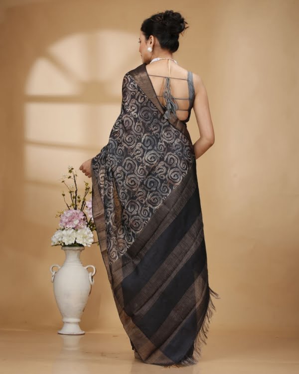 Nakshipar Abstract Design with Off White and Black Tussar Saree