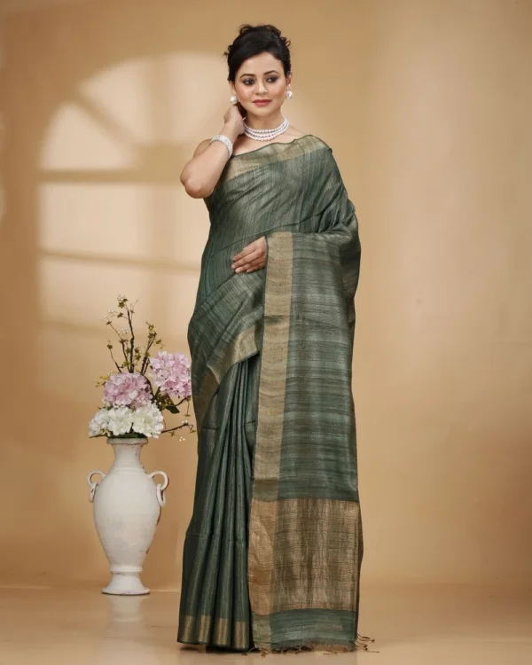 Golden Green with Zari Border and Zari Stripe Pallu Tissue Ketia Saree