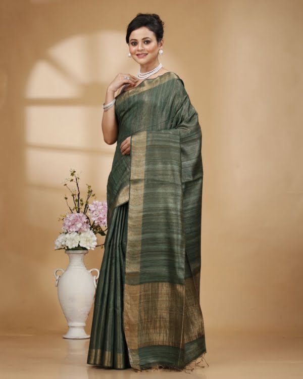 Golden Green with Zari Border and Zari Stripe Pallu Tissue Ketia Saree