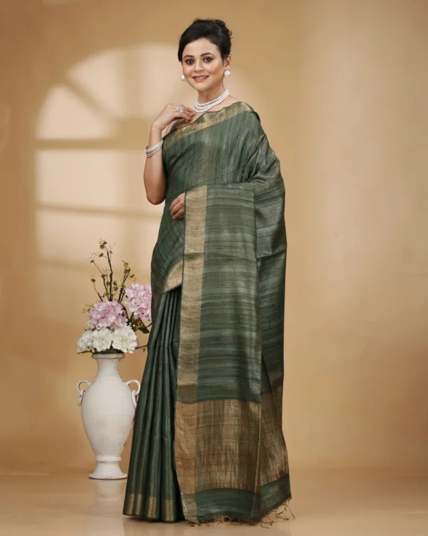 Golden Green with Zari Border and Zari Stripe Pallu Tissue Ketia Saree