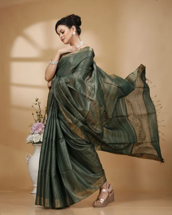 Golden Green with Zari Border and Zari Stripe Pallu Tissue Ketia Saree