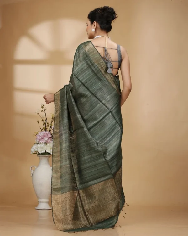 Golden Green with Zari Border and Zari Stripe Pallu Tissue Ketia Saree