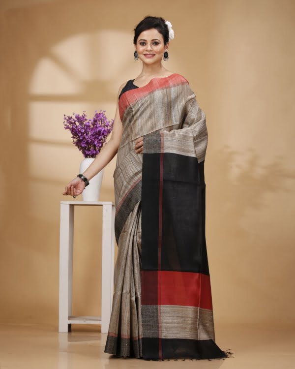 Nakshipar Gray Colour Saree with Red and Black Pallu