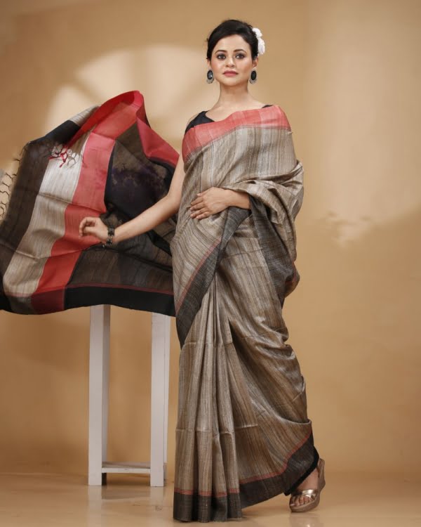 Nakshipar Gray Colour Saree with Red and Black Pallu