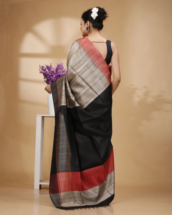 Nakshipar Gray Colour Saree with Red and Black Pallu