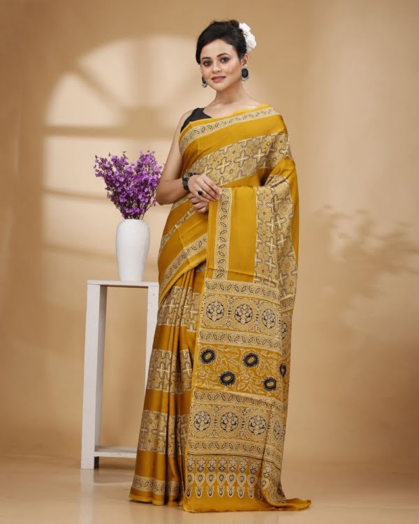 Nakshipar Printed Yellow Color Modal Silk Saree