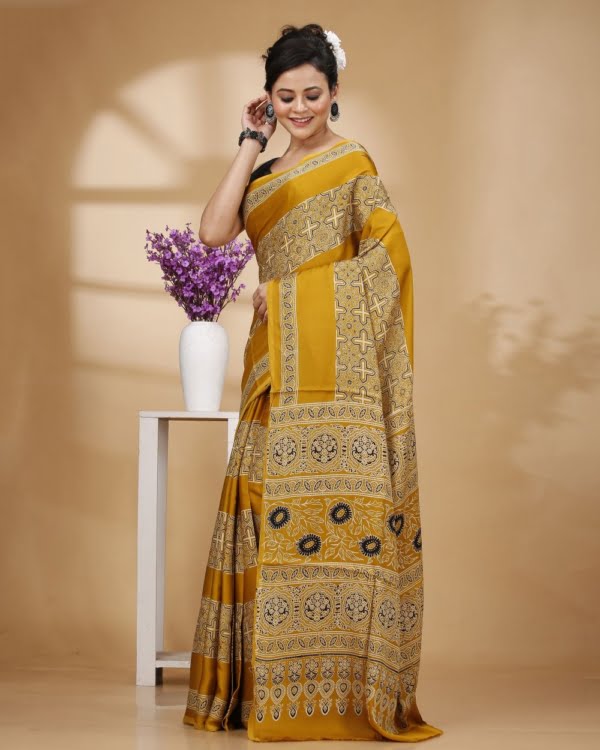 Nakshipar Printed Yellow Color Modal Silk Saree