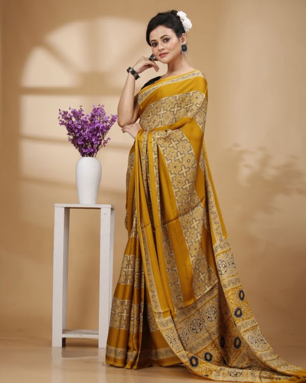 Nakshipar Printed Yellow Color Modal Silk Saree