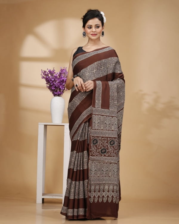 Printed Chocolate Color Modal Silk Saree