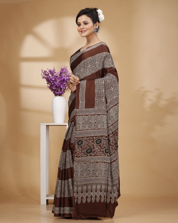 Printed Chocolate Color Modal Silk Saree