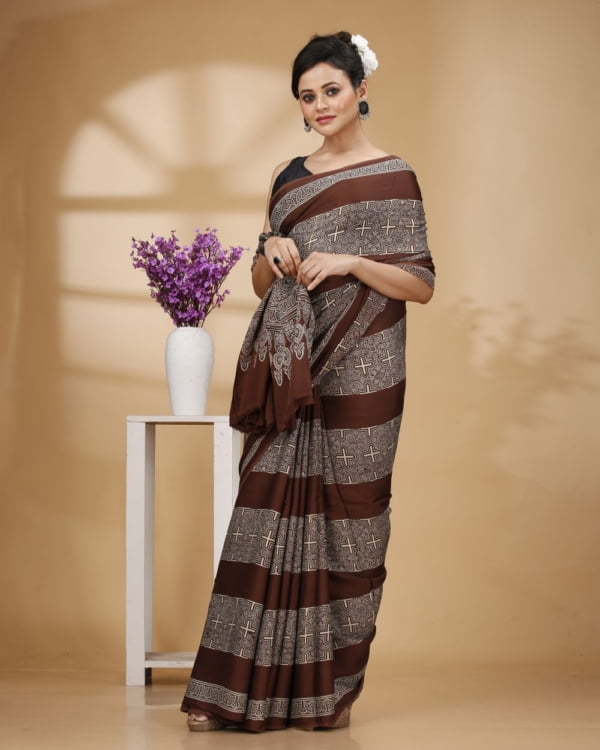 Printed Chocolate Color Modal Silk Saree