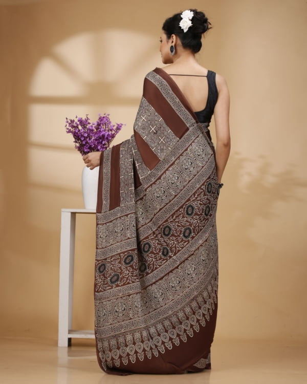 Printed Chocolate Color Modal Silk Saree