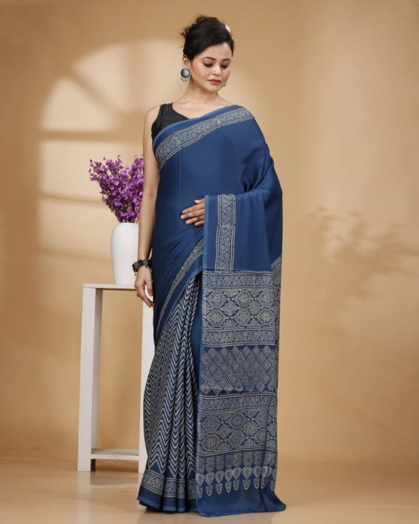 Printed Patli Pallu Royal Blue Color Modal Silk Saree