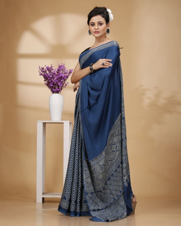 Printed Patli Pallu Royal Blue Color Modal Silk Saree