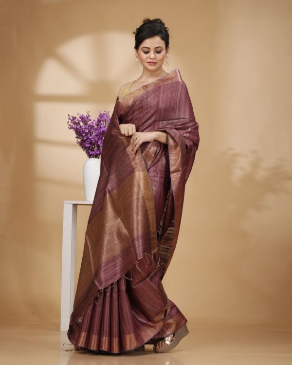 Golden Wine with Zari Border and Zari Stripe Pallu Saree