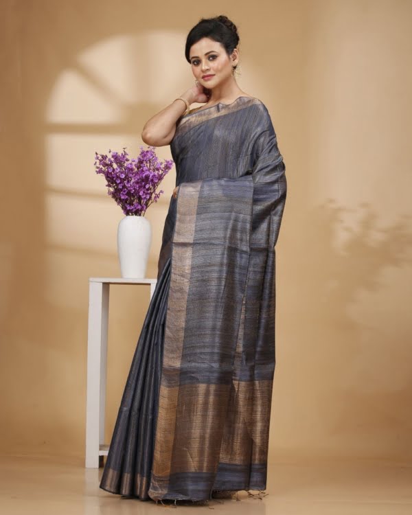 Golden Blue with Zari Border and Zari Stripe Pallu Saree