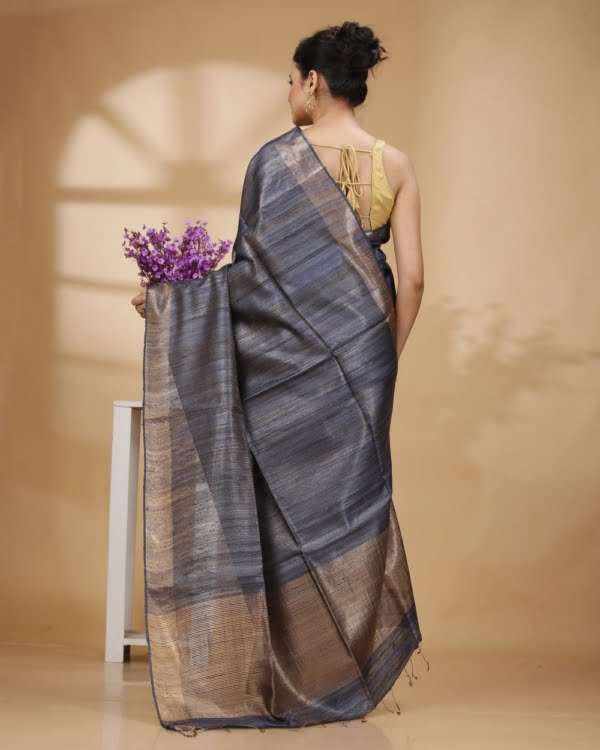 Golden Blue with Zari Border and Zari Stripe Pallu Saree