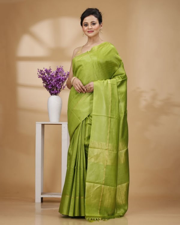 Self-Check on Parrot Green Base with Zari Border Saree