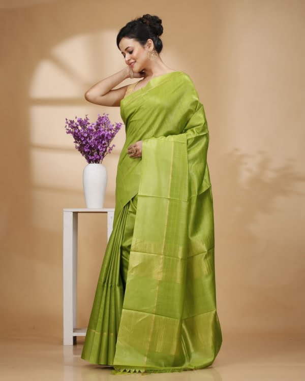 Self-Check on Parrot Green Base with Zari Border Saree