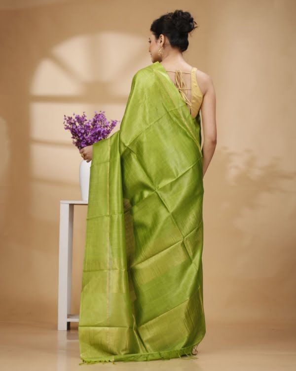 Self-Check on Parrot Green Base with Zari Border Saree