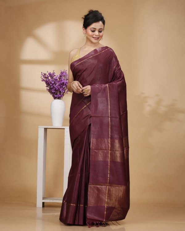 Self-Check on Wine Base with Zari Border Saree