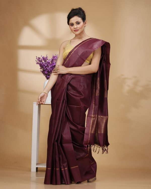 Self-Check on Wine Base with Zari Border Saree