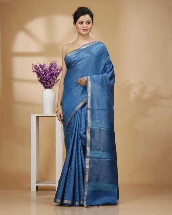 Zari Border Royal Blue Munga Silk with Kantha Stripes Saree