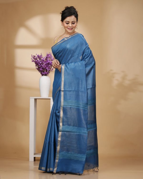 Zari Border Royal Blue Munga Silk with Kantha Stripes Saree